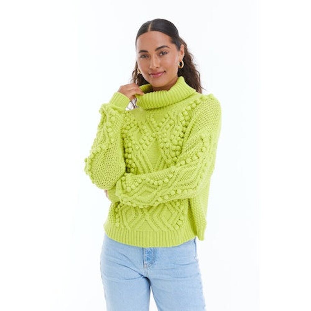 Cozy Lime Cable Knit Turtleneck Sweater